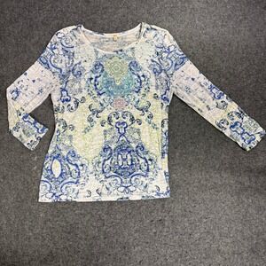 REBA Womens Long Sleeve T-Shirt Blue White Scroll Print Rhinestone Embellished L